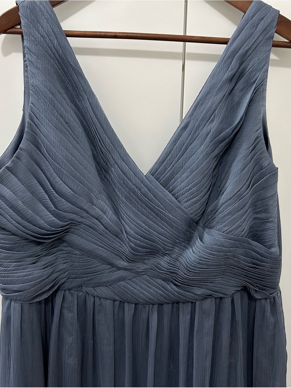 BHLDN Slate Blue Pleated V-Neck Chiffon Dress